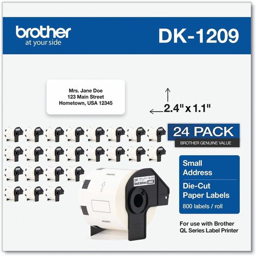 Brother DK Address Label - 2 2/5" Width x 1 1/10" Length - Rectangle - Thermal - White - Paper - 800 / Roll - 24 / Each