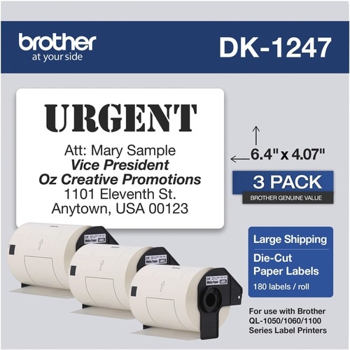 Brother DK Shipping Label - 6 2/5" Width x 4 1/16" Length - Rectangle - Thermal - White - Paper - 180 / Roll - 3 / Roll