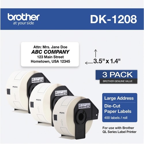 Brother DK Address Label - 1 2/5" Width x 3 1/2" Length - Rectangle - Thermal - Paper - 400 / Roll - 3 / Roll