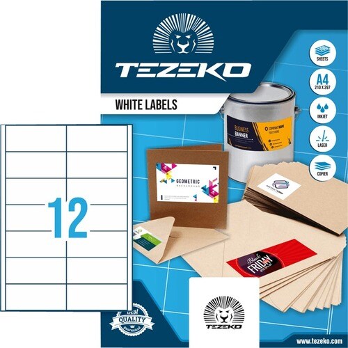 TEZEKO Multipurpose Label - Rectangle - Inkjet, Laser - White - Paper - 12 / Sheet - 100 Total Sheets - 1200 Total Label(s)