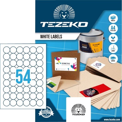 TEZEKO Multipurpose Label - 30 mm Diameter - Circle - Inkjet, Laser - White - Paper - 54 / Sheet - 100 Total Sheets - 5400