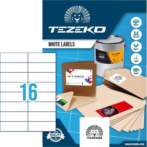 TEZEKO Multipurpose Label - Rectangle - Inkjet, Laser - White - Paper - 16 / Sheet - 100 Total Sheets - 1600 / Box