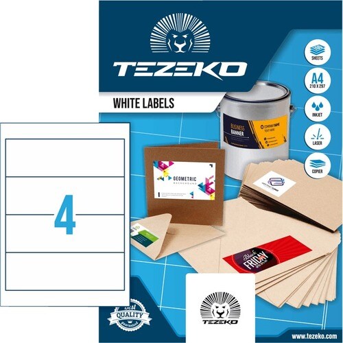 TEZEKO Multipurpose Label - Rectangle - Inkjet, Laser - White - Paper - 4 / Sheet - 100 Total Sheets - 400 / Box
