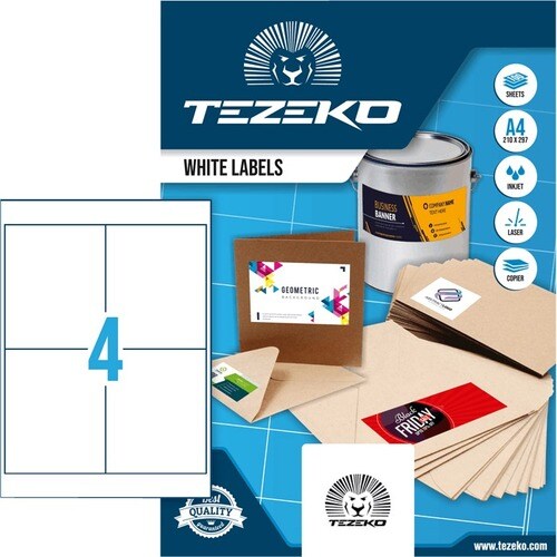 TEZEKO Multipurpose Label - Rectangle - Inkjet, Laser - White - Paper - 4 / Sheet - 100 Total Sheets - 400 / Box