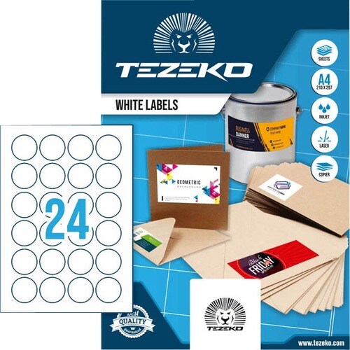 TEZEKO Multipurpose Label - 40 mm Diameter - Circle - Inkjet, Laser - White - Paper - 24 / Sheet - 100 Total Sheets - 2400