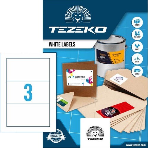TEZEKO Multipurpose Label - Rectangle - Inkjet, Laser - White - Paper - 3 / Sheet - 100 Total Sheets - 300 / Box