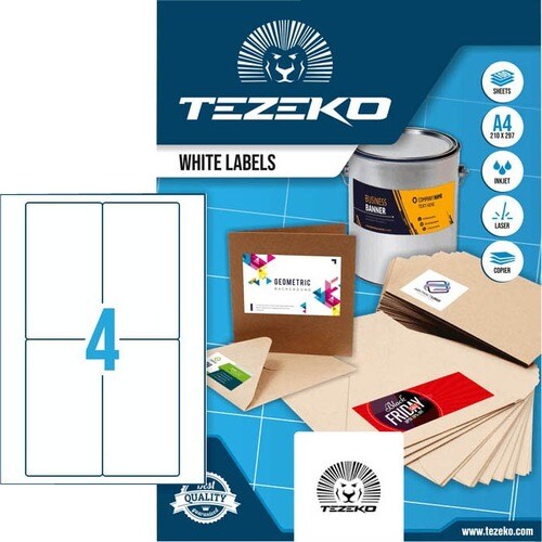 TEZEKO Multipurpose Label - Rectangle - Inkjet, Laser - White - Paper - 4 / Sheet - 100 Total Sheets - 400 / Box