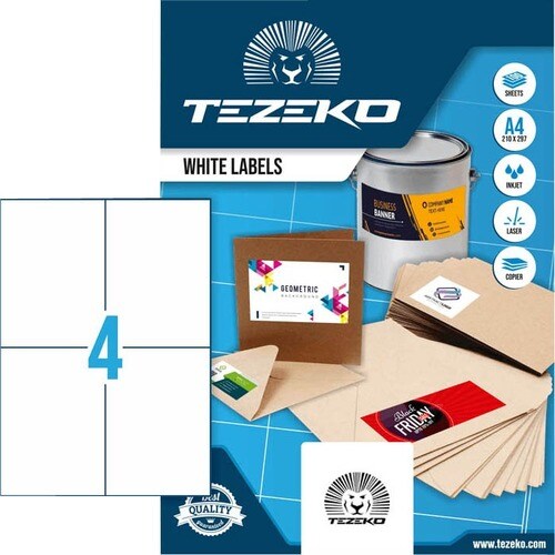 TEZEKO Multipurpose Label - Rectangle - Inkjet, Laser - White - Paper - 4 / Sheet - 100 Total Sheets - 400 / Box