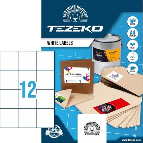 TEZEKO Multipurpose Label - Rectangle - Inkjet, Laser - White - Paper - 12 / Sheet - 100 Total Sheets - 1200 / Box