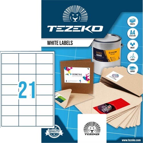 TEZEKO Multipurpose Label - Rectangle - Inkjet, Laser - White - Paper - 21 / Sheet - 100 Total Sheets - 2100 / Box