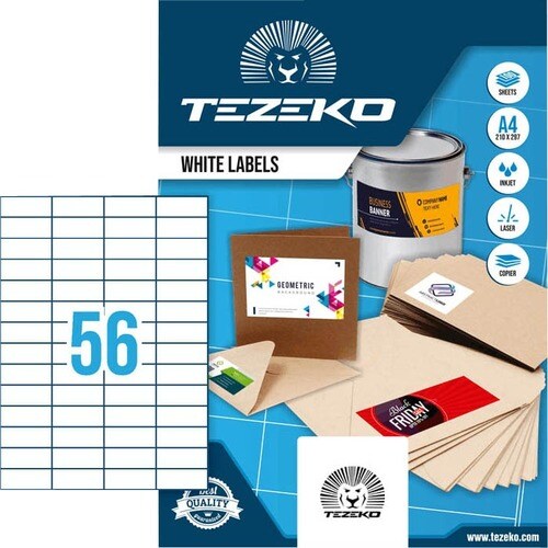 TEZEKO Multipurpose Label - Rectangle - Inkjet, Laser - White - Paper - 56 / Sheet - 100 Total Sheets - 5600 / Box