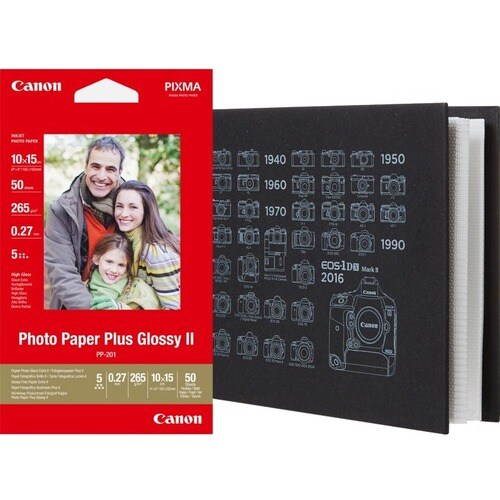 Canon Plus Glossy II MC-PA001 Papel fotográfico - 101.60 mm x 152.40 mm - 265 g/m² Grammage - Alto brilho - 50 Planilha