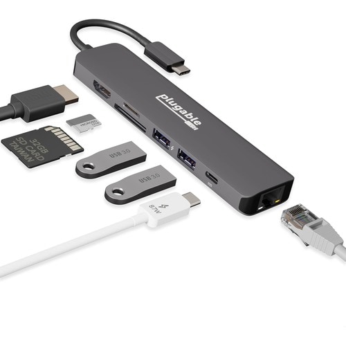 Plugable 7-in-1 USB C Hub Multiport Adapter w Ethernet Turns a Single Port into a 7-in-1 USB-C Hub - Compatible with Mac, 