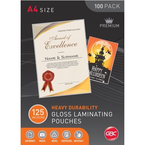 GBC Laminating Pouch A4 125 Micron Pk100 - Sheet Size Supported: A4 210 mm Width x 297 mm Length - Laminating Pouch/Sheet 
