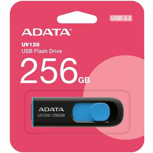 Adata UV128 256GB USB 3.2 (Gen 1) Flash Drive - 256 GB - USB 3.2 (Gen 1) - 100 MB/s Read Speed - Black, Blue - 5 Year Warr