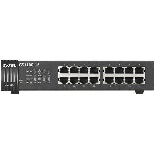 Conmutador Ethernet ZYXEL  GS1100-16 16 - Gigabit Ethernet - 100/1000Base-T - 2 Capa compatible - 10 W Power Consumption -
