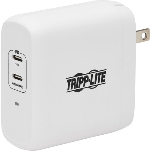 Eaton Tripp Lite Series Dual-Port Compact USB-C Wall Charger - GaN Technology, 68W PD Charging (50W+18W), White - 120 V AC