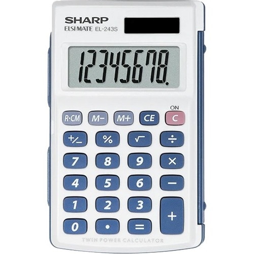 Sharp Elsi Mate EL243S Simple Calculator - Auto Power Off, Protective Hard Shell Cover, 3-Key Memory, Large Display - 8 Di