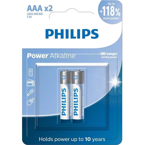 Philips Power Alkaline Battery - Alkaline - 2 - For Portable Audio Device, Toy - AAA - 1.5 V DC Shelf Life
