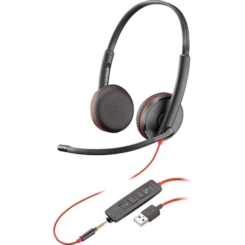 Plantronics Blackwire C3225 有线 头戴式 立体声 耳机 - 黑 - 双声道 - 上耳式 - 20 Hz 到 20 kHz - 降噪 麦克风 - A 型 USB, 迷你手机（3.5毫米）