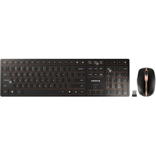 CHERRY DW 9100 SLIM Rechargeable Wireless Combo - Full Size,Black/Bronze,Bluetooth - AES 128 Encryption,3 Resolution Mouse