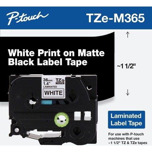 Brother P-touch Label Tape - 36 mm Width - Rectangle - White on Matte Black - Laminated