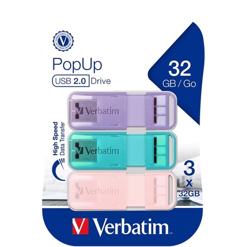 Verbatim Store 'n' Go PopUp 32 GB USB 2.0 Flash Drive - Aqua, Purple - Lifetime Warranty - 3 / Pack