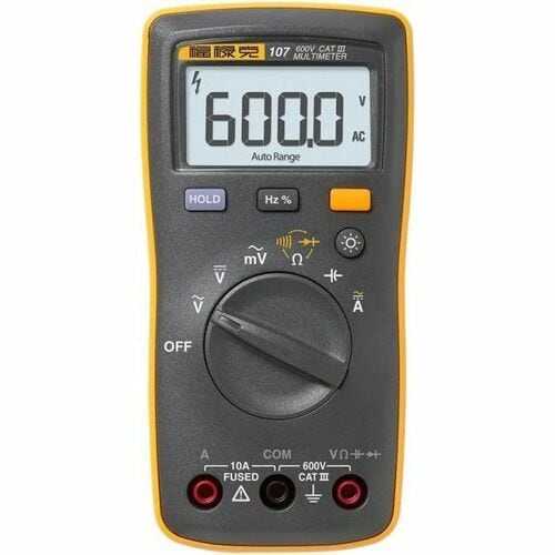 Fluke 107 Palm-sized, CAT III Digital Multimeter - 600 V, 10 A AC - 600 V, 10 A DC - Backlight, Data Hold