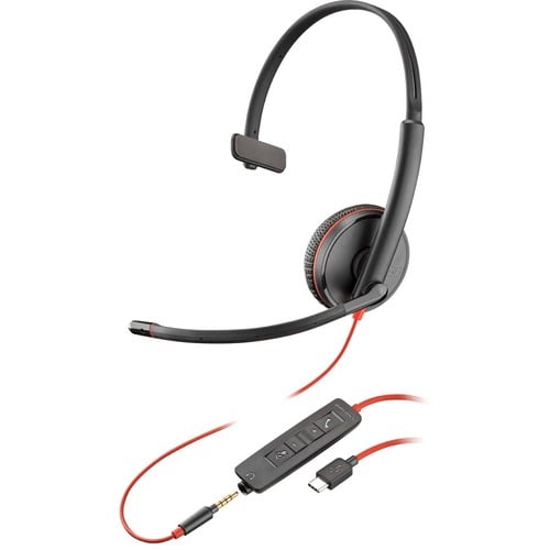 Plantronics Blackwire C3215 有线 头戴式 Mono 耳机 - 单声道 - 上耳式 - 20 Hz 到 20 kHz - 降噪, 降噪 麦克风 - A 型 USB, 迷你手机（3.5毫米）