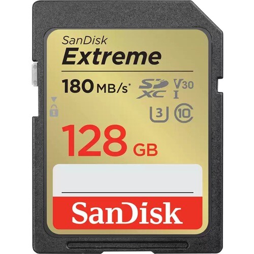 SanDisk Extreme 128 GB Class 10/UHS-I (U3) V30 SDXC - 180 MB/s Read - 90 MB/s Write - Lifetime Warranty