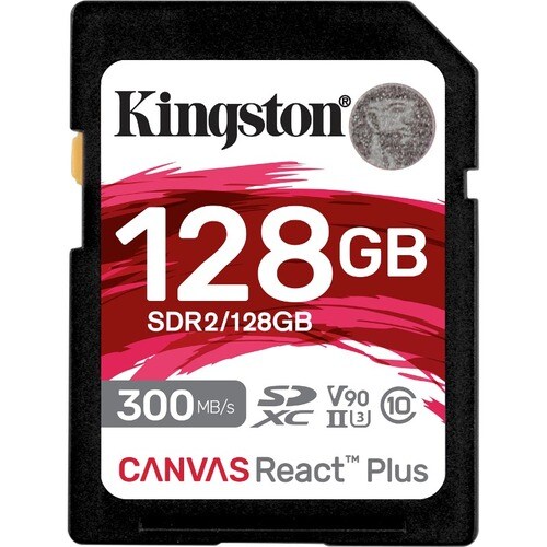 Kingston Canvas React Plus SDR2 128 GB Class 10/UHS-II (U3) V90 SDXC - 300 MB/s Read - 260 MB/s Write
