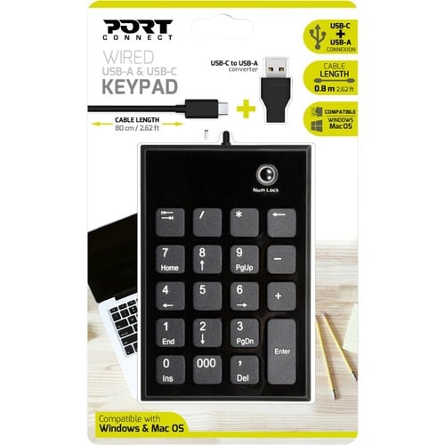 Port Keypad - Cable Connectivity - USB Type C, USB Type A Interface - Black - Scissors Keyswitch - Notebook, Desktop Compu