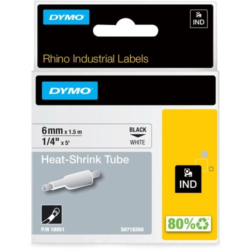 Dymo Rhino Heat Shrink Tube Labels - 1/4" Width - Thermal Transfer - White - Polyolefin - 1 Each