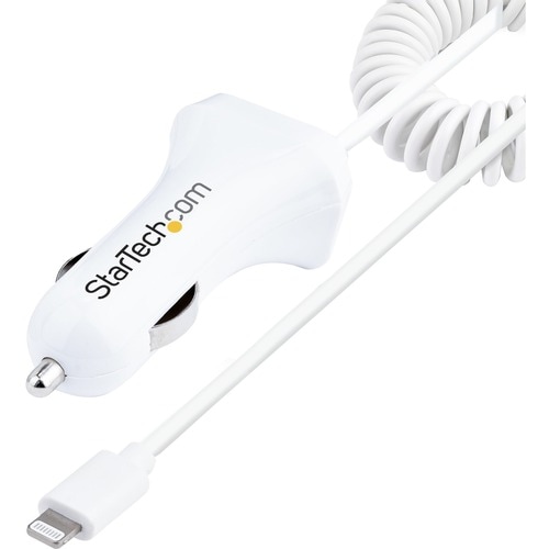 StarTech.com Lightning Car Charger with Coiled Cable, 1m Built-in Cable, 12W, White, 2 Port USB Car Charger Adapter, In Ca
