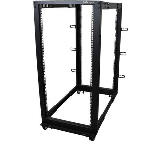 25U Adjustable Depth Open Frame 4 Post Server Rack Cabinet - Flat Pack w/ Casters / Levelers and Cable Management Hooks - 