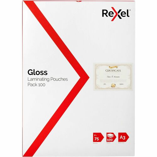 Rexel Laminating Pouch A3 75 Micron PK100 - Sheet Size Supported: A3 - Laminating Pouch/Sheet Size: 75 µm Thickness - Glos
