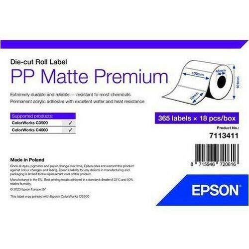 Epson Multipurpose Label - 76 mm Height x 102 mm Width - Roll - Permanent Acrylic Adhesive - Inkjet - Polypropylene, Synth
