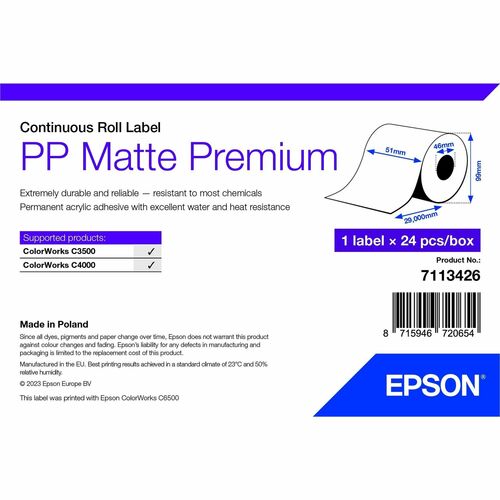 Epson Multipurpose Label - 29 mm Height x 51 mm Width - Permanent Acrylic Adhesive - Matte - White - Polypropylene - 24 / Box