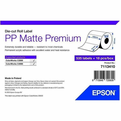 Mehrzwecketikett Epson - 51 mm Breite x 102 mm Länge - Rolle - Permanenter Acrylatkleber Kleber - Matt - Synthetic, Polypr