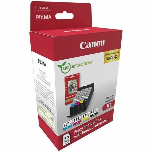 Canon ChromaLife100+ CLI-571XL Original High (XL) Yield Inkjet Ink Cartridge/Paper Kit - Value Pack - Black, Cyan, Magenta