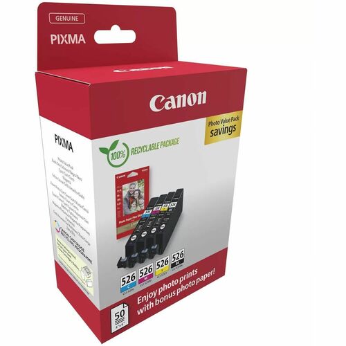 Canon CLI-526 Original Standard Yield Inkjet Ink Cartridge/Paper Kit - Multi-pack - Black, CMY Pack - 9 mL Black, 9 mL Cya