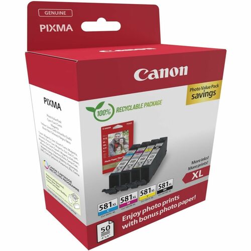 Canon CLI-581XL BK/C/M/Y Original High Yield Inkjet Ink Cartridge/Paper Kit - Value Pack - Black, CMY - 4 / Pack - 8.3 mL 
