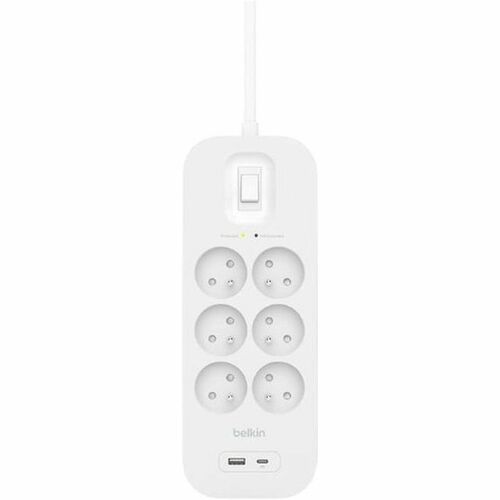 Belkin Connect Surge Suppressor/Protector - White - 6 x AC Power, 1 x USB Type A, 1 x USB Type C - 650 J - 2 m - Keyhole/U