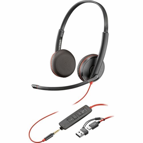 Poly Blackwire 3225 Wired On-ear Stereo Headset - Black - Binaural - Ear-cup - 32 Ohm - 225.6 cm Cable - Omni-directional,