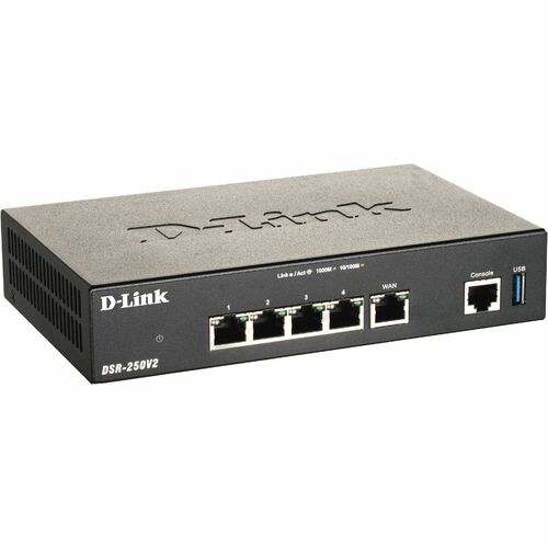 D-Link DSR DSR-250v2 Router with Web Content Filtering - 5 Ports - 4 RJ-45 Port(s) - 1 WAN Port(s) - Management Port - Gig