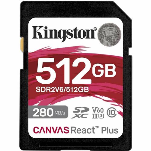 Kingston Canvas React Plus 512 GB Class 10/UHS-II (U3) V60 SDXC - 280 MB/s Read - 150 MB/s Write