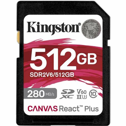 Carte SDXC Kingston Canvas React Plus - 512 Go - Classe 10/UHS-II (U3) - V60 - 280 Mo/s en Lecture - 150 Mo/sSpaceen Écriture