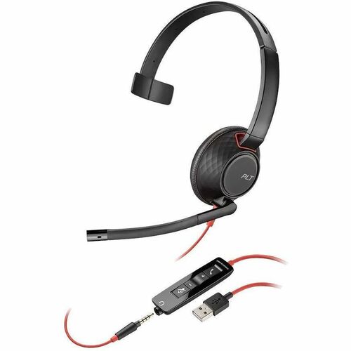 Poly Blackwire 5210 有线 入耳式, 头戴式 Mono 耳机 - 黑 - Microsoft Teams认证 - 单声道 - 耳罩 - 20 Hz 到 20 kHz - 210.3 cm 线缆 - A 型 USB, 迷你手机（