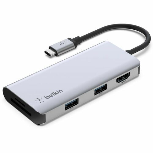 Belkin Connect C型 USB 扩展插口 用于 笔记本电脑, 平板, 智能电话 - 内存卡阅读器 - SD, microSD - 灰 - 便携式 - 4K UHD, 4K - 3840 x 2160 - 2 x USB端口 - 2 