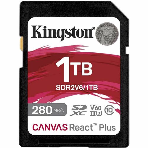 Kingston Canvas React Plus 1 TB Class 10/UHS-II (U3) V60 SDXC - 280 MB/s Read - 150 MB/s Write